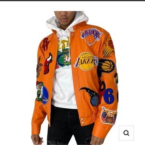 JEFF HAMILTON NBA Team Patches Leather Vegan Leather   Jacket  - Orange